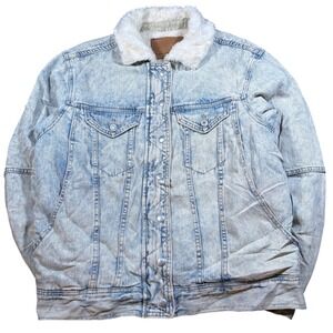 Chores Y2K Mens Acid Wash Denim Sherpa Lined Trucker Jacket Blue Size Medium